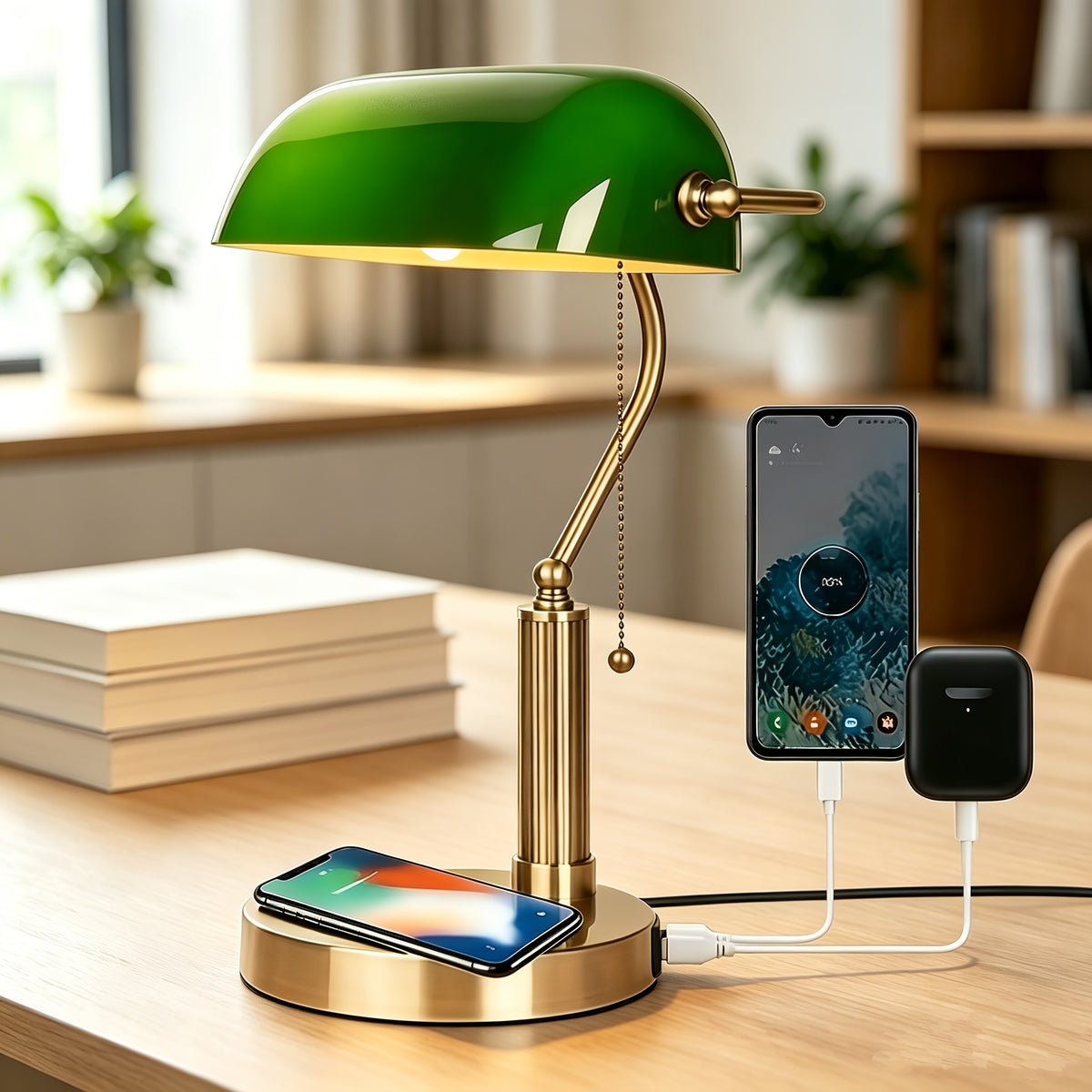 Lampe de banquier en verre vert, recharge sans fil et ports USB