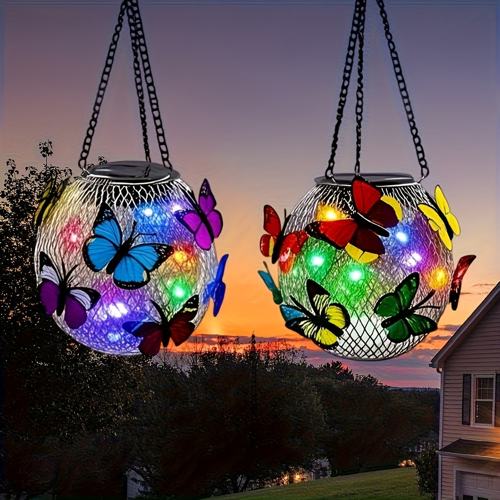 Suspension solaire boule grillagée aux papillons colorés, IP44