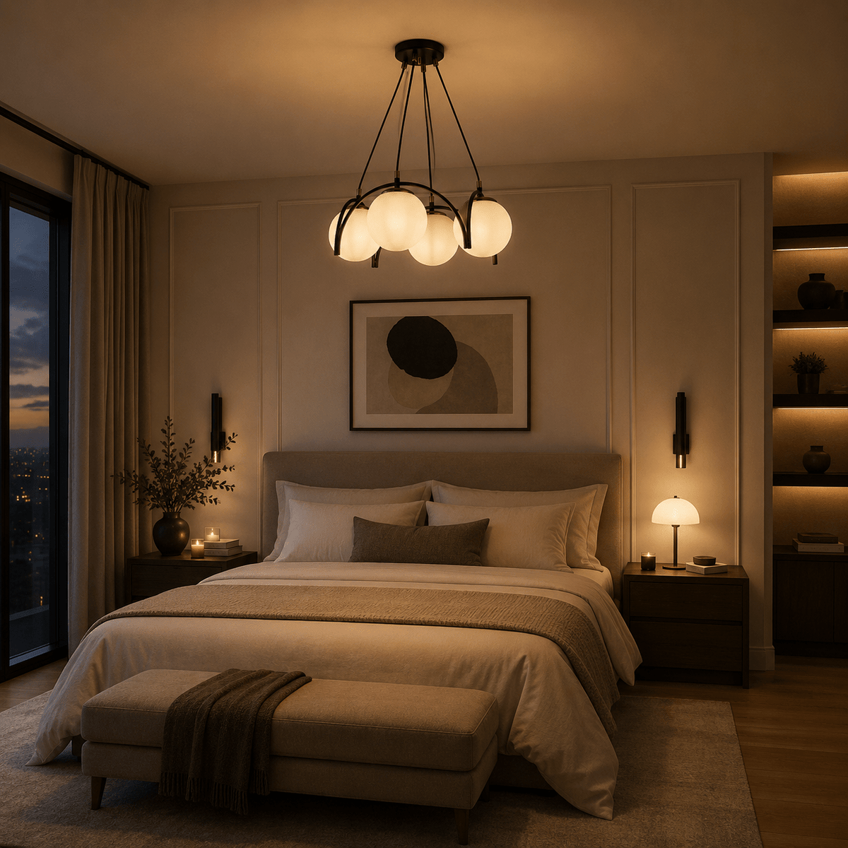 Lustre noir et globes opalins au design graphique