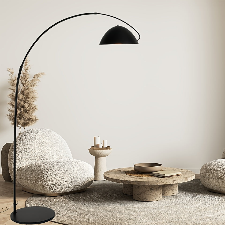 Lampadaire arc noir mat, dôme métal Ø 30 cm et portée réglable