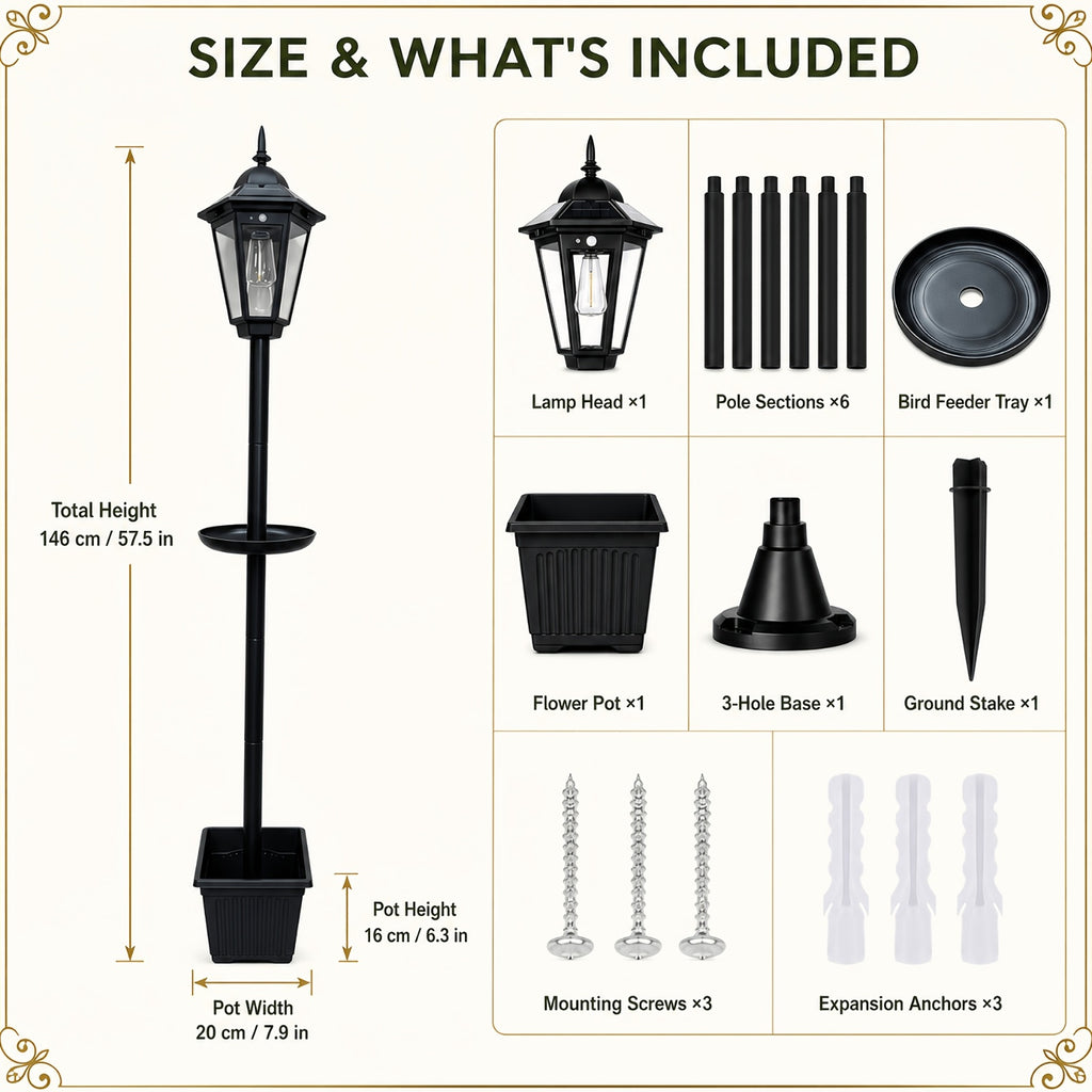 Lampadaire solaire de jardin avec mangeoire à oiseaux et pot