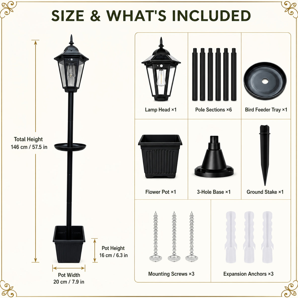 Lampadaire solaire de jardin avec mangeoire à oiseaux et pot