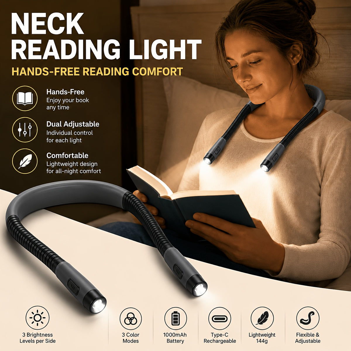 Lampe de lecture tour de cou grise rechargeable USB-C, 143 g