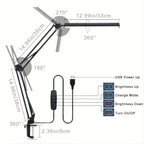 Lampe de bureau LED à pince, bras articulé noir et barre de 33 cm
