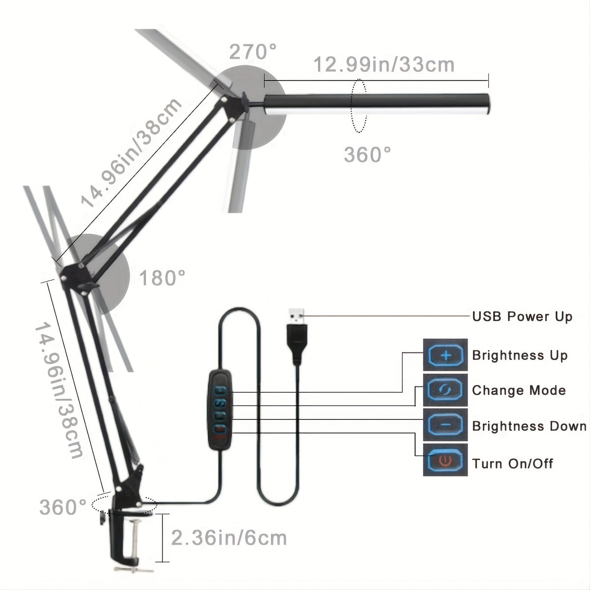 Lampe de bureau LED à pince, bras articulé noir et barre de 33 cm