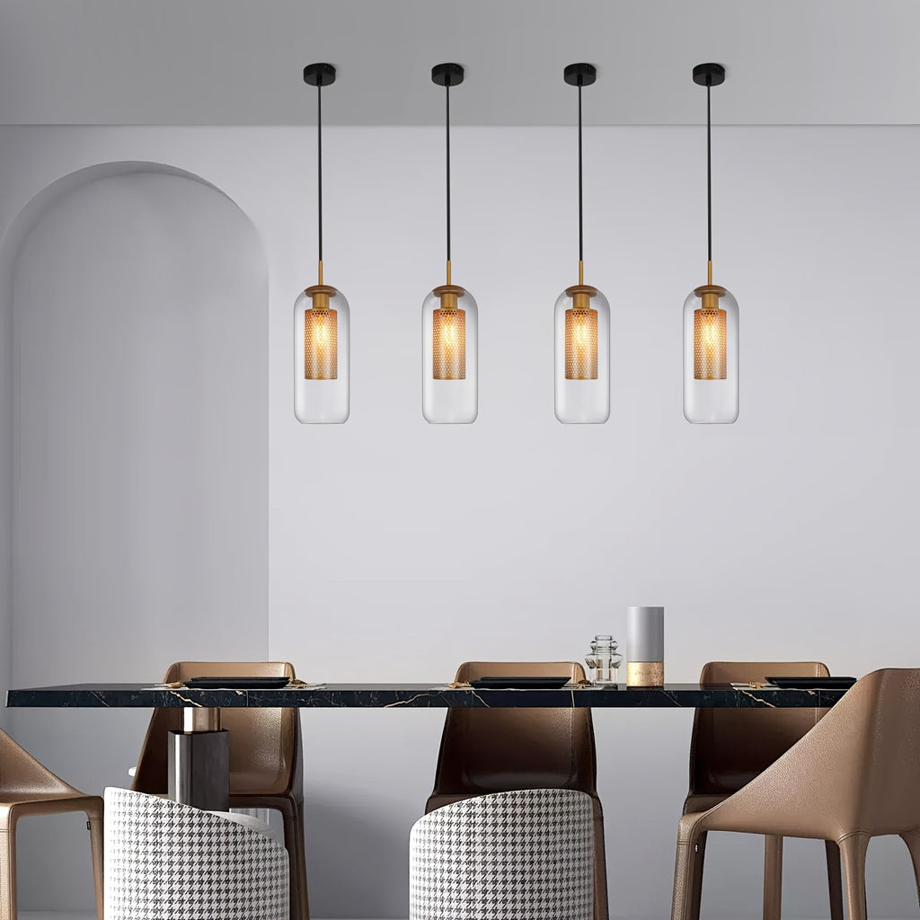 Lot de 2 suspensions capsule en verre clair et grille dorée, E27