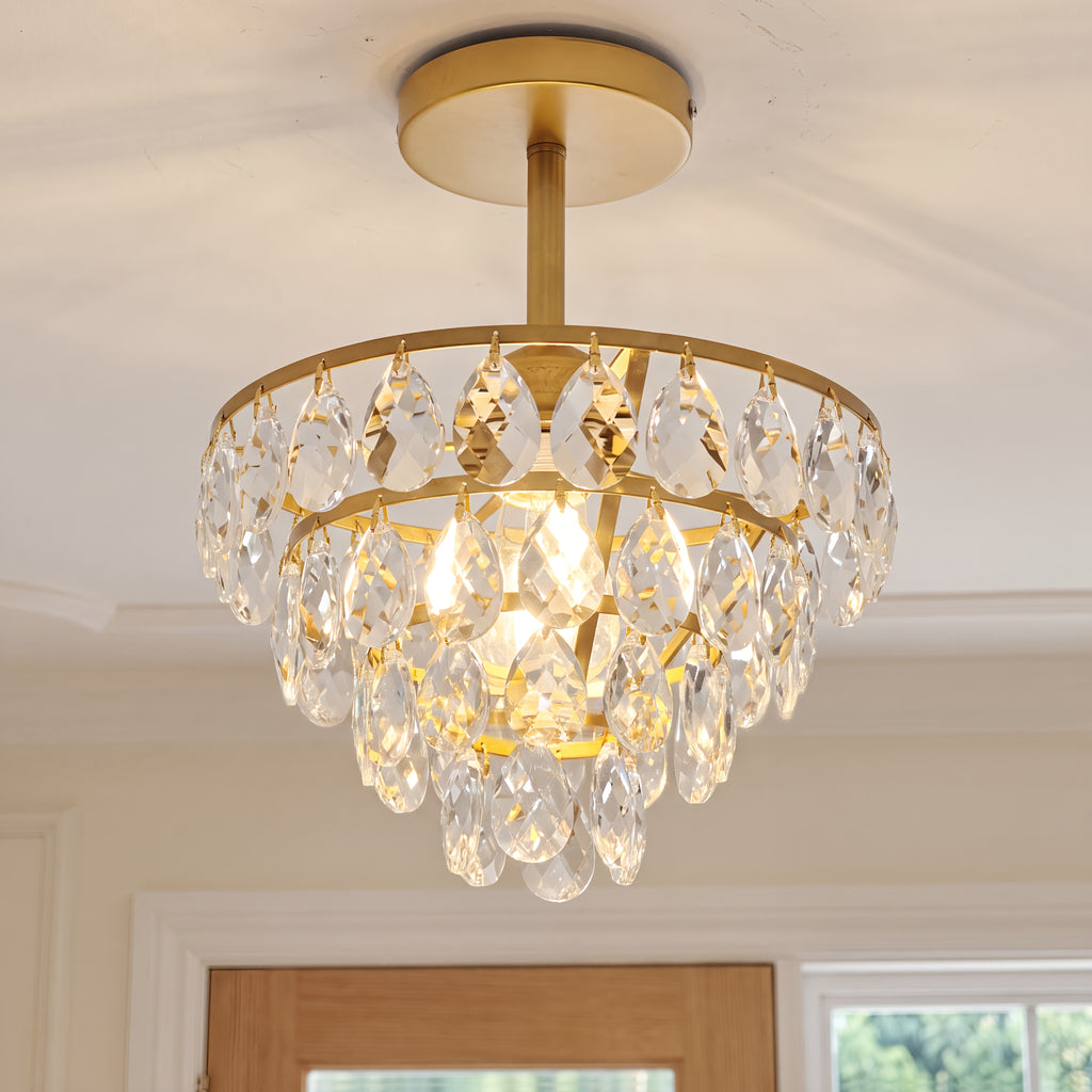 Lustre de cristal sur tige courte, doré ou noir, Ø 24,8 cm