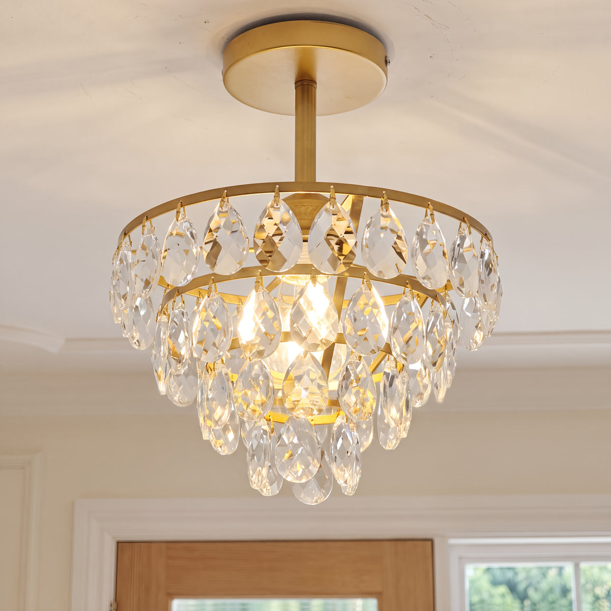 Lustre de cristal sur tige courte, doré ou noir, Ø 24,8 cm