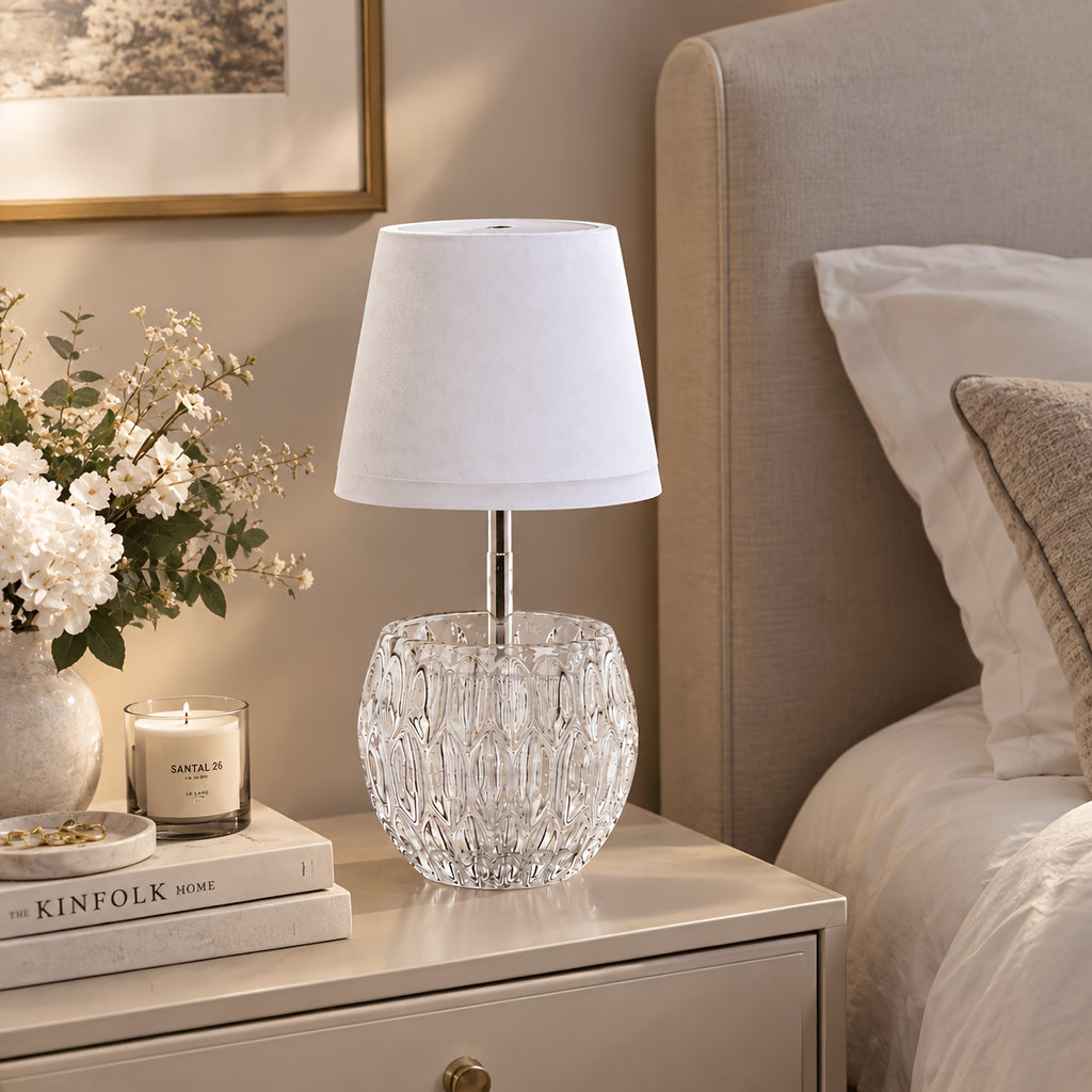 Lampe de table sans fil, pied en verre moulé et abat-jour blanc