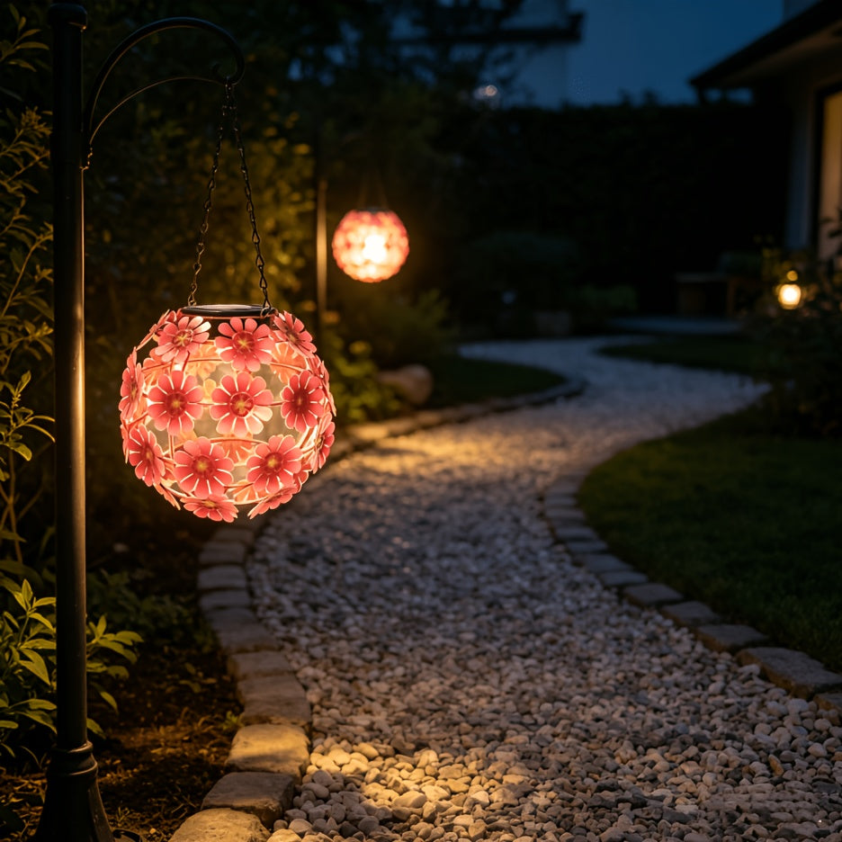 Suspension solaire extérieure boule de fleurs roses et rouges