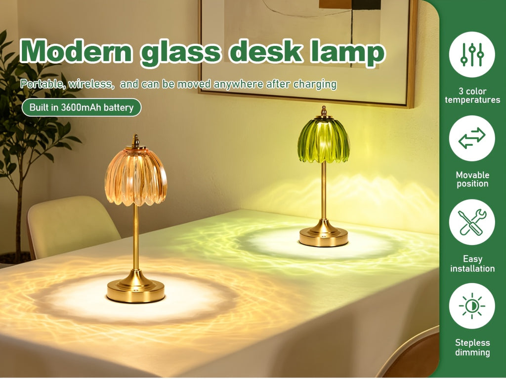 Lampe de chevet sans fil en verre nervuré vert ou orange, pied doré