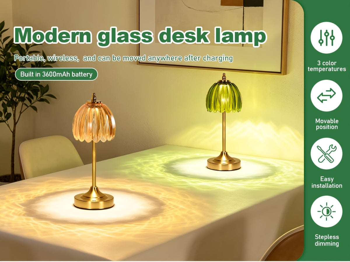Lampe de chevet sans fil en verre nervuré vert ou orange, pied doré