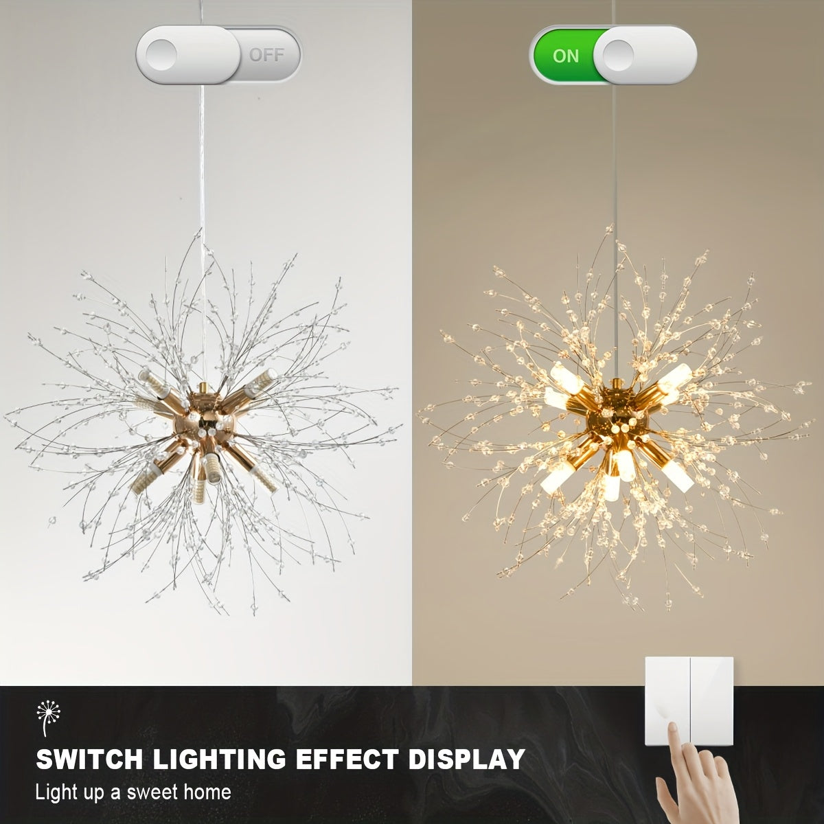 Lustre pissenlit doré à perles de cristal, 8 lumières, Ø 45 cm