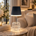 Lampe de table sans fil, pied en verre moulé et abat-jour blanc