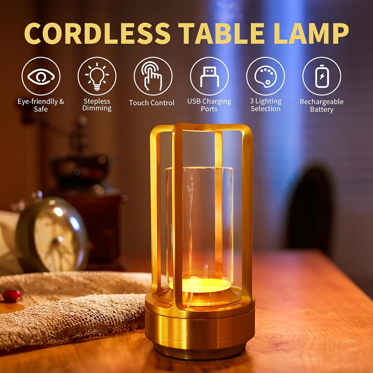 Lampe lanterne sans fil rétro, cylindre transparent et cadre métal