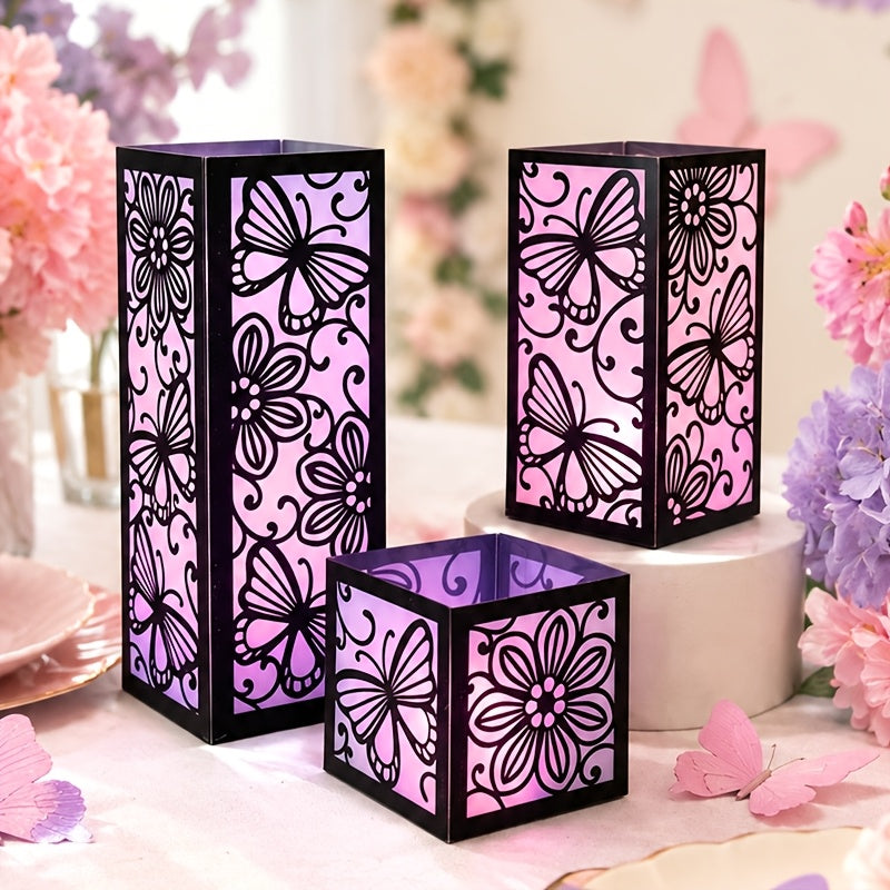 Lot de 3 photophores carrés noirs à découpes fleurs et papillons