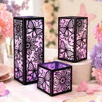Lot de 3 photophores carrés noirs à découpes fleurs et papillons