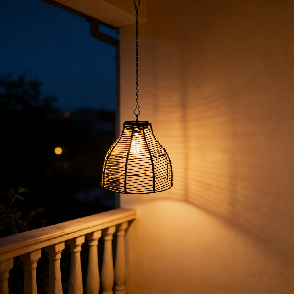 Suspension solaire cloche effet rotin tressé, ampoule filament