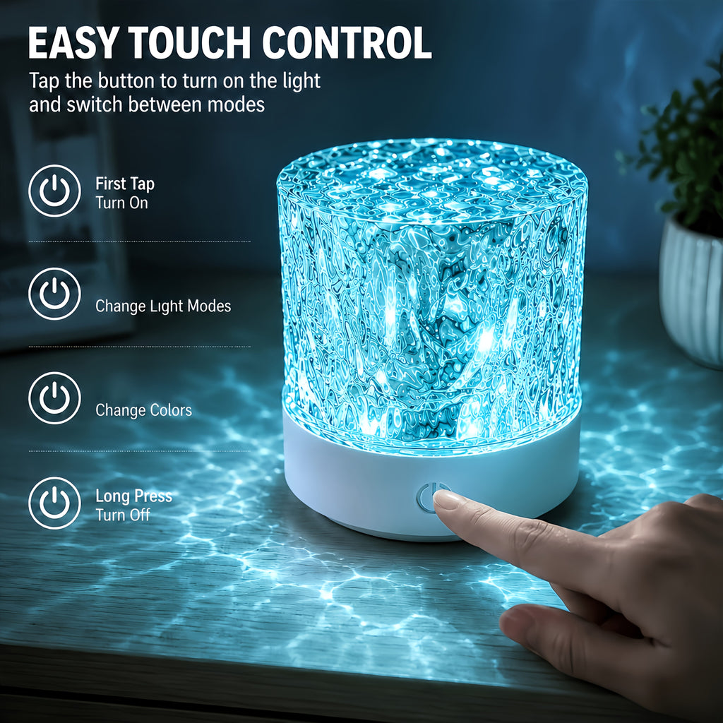 Lampe d'ambiance à reflets d'eau, cylindre ciselé et télécommande