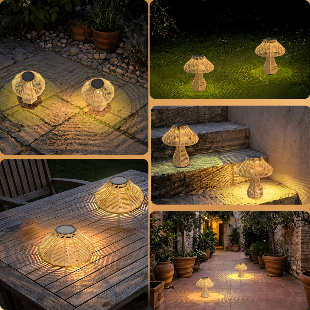 Lampe champignon solaire d'extérieur effet rotin, 24 cm de haut