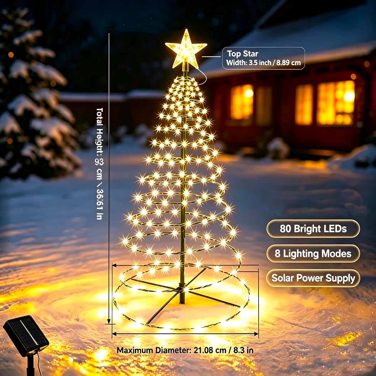 Sapin de Noël lumineux solaire en spirale à étoile, 93 cm, 80 LED