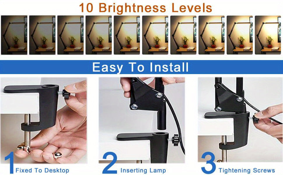 Lampe de bureau LED à pince, bras articulé noir et barre de 33 cm