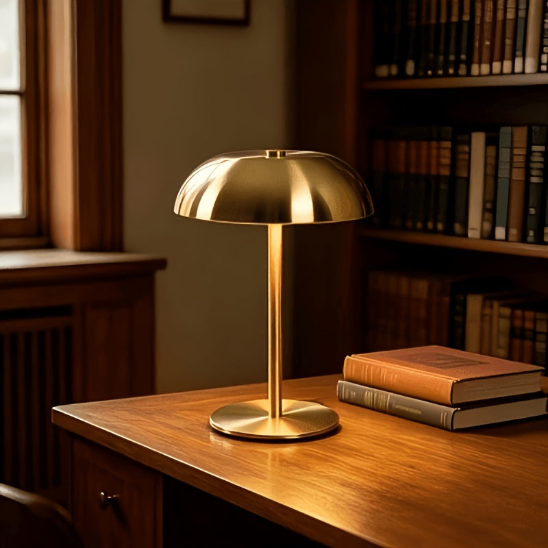 Lampe à poser champignon dorée sans fil, dôme métal et touche tactile