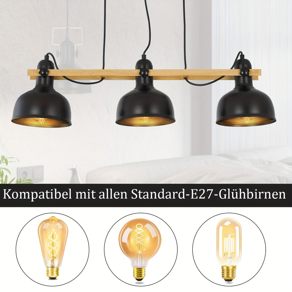Suspension 3 coupoles noires sur barre effet bois de 78 cm, E27