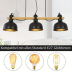 Suspension 3 coupoles noires sur barre effet bois de 78 cm, E27