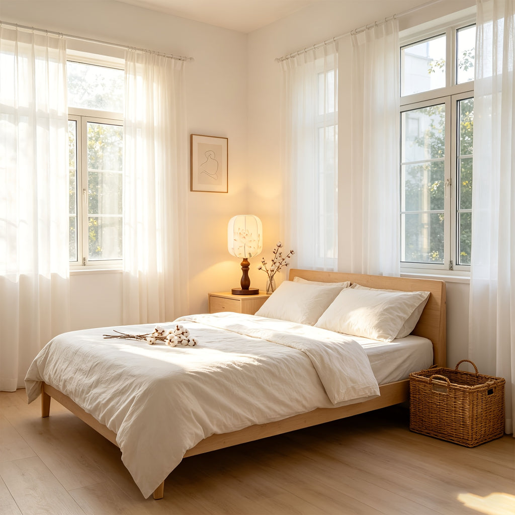 Lampe de chevet lanterne en tissu à décor d'estampe, pied en bois