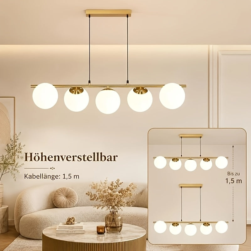 Suspension 5 globes en verre blanc laiteux sur barre dorée, 90 cm