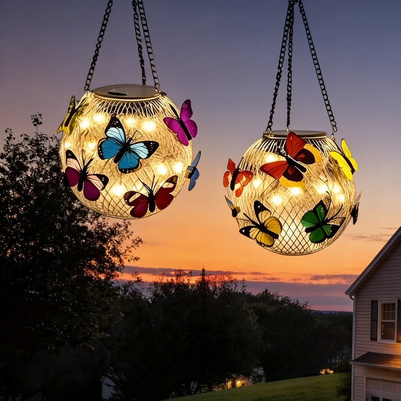Lot de 2 lanternes solaires boules à papillons, à suspendre, IP65