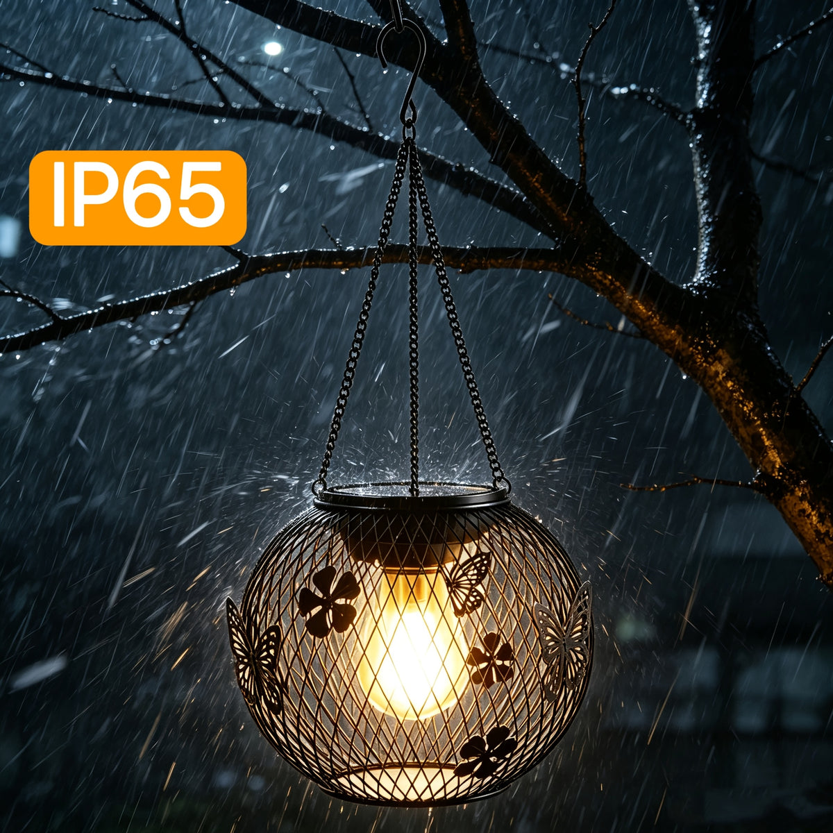 Suspension solaire boule grillagée noire, fleurs et papillons IP65
