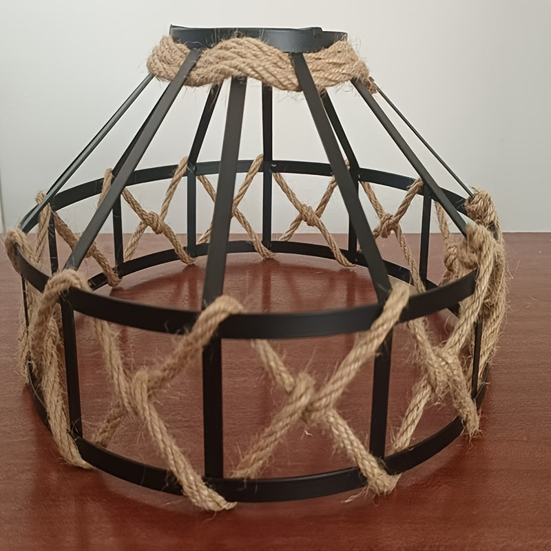 Abat-jour cage vintage en métal noir et corde de chanvre, Ø 30 cm