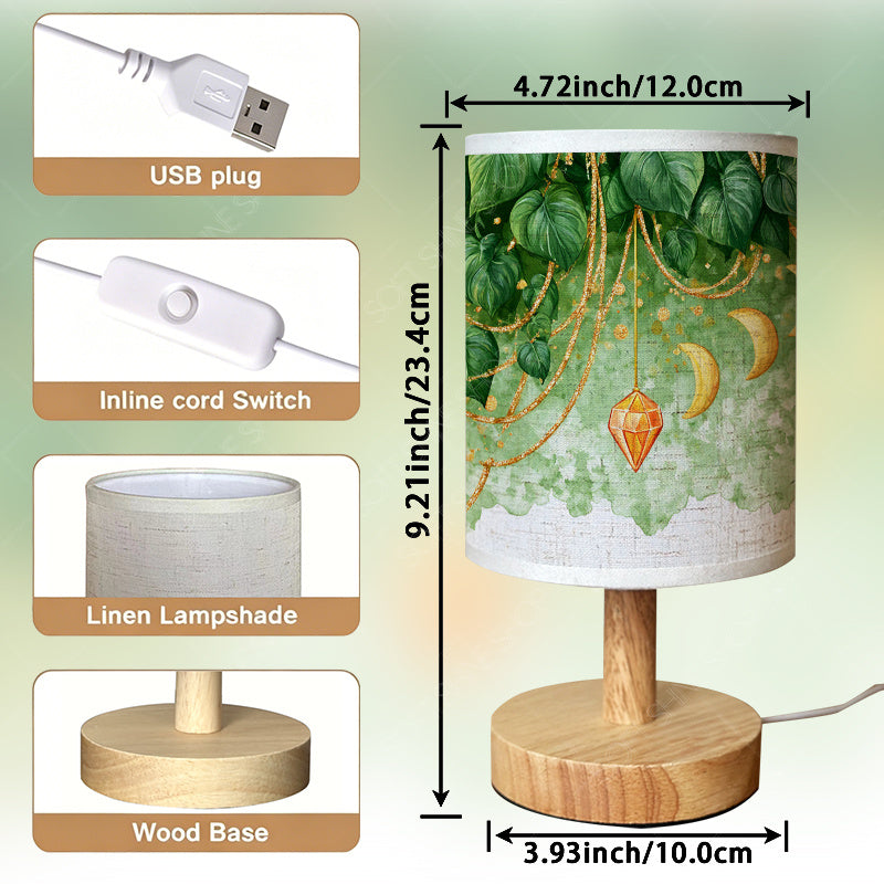 Lampe de chevet en lin à feuillage vert, lunes et cristaux dorés