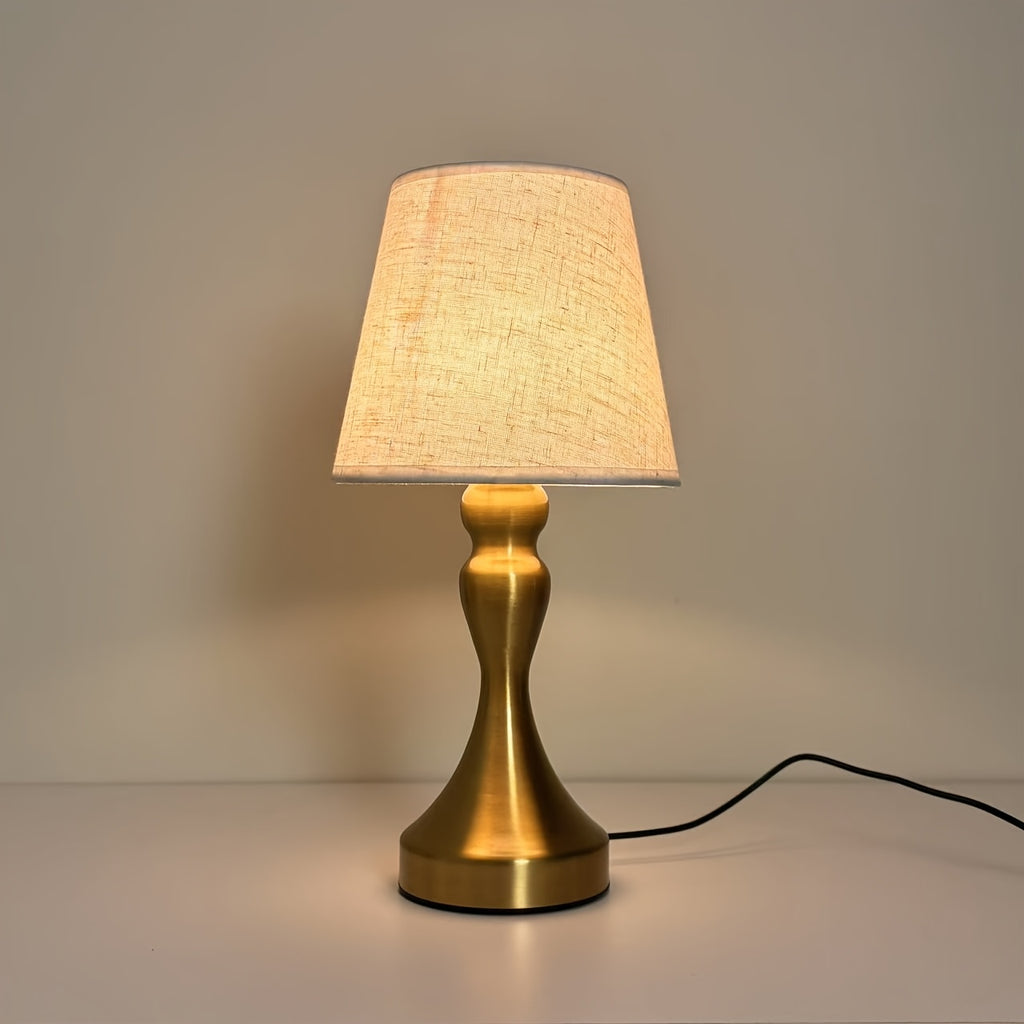 Lampe de chevet dorée, abat-jour conique aspect lin, câble USB