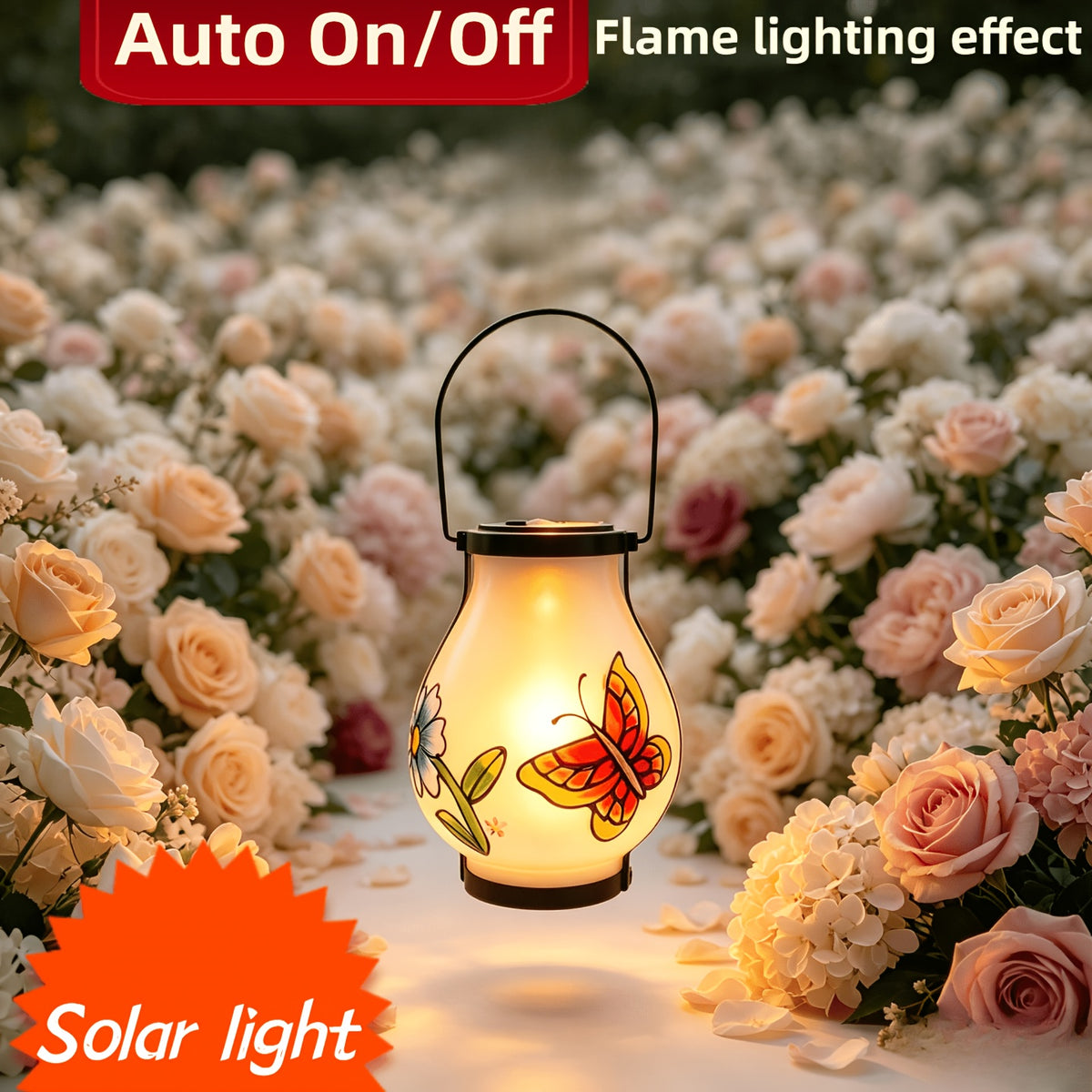 Lanterne solaire en verre dépoli à papillon peint, effet flamme