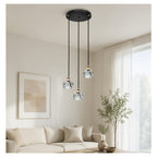 Suspension 3 globes en cristal taillé sur platine noire, câbles 110 cm