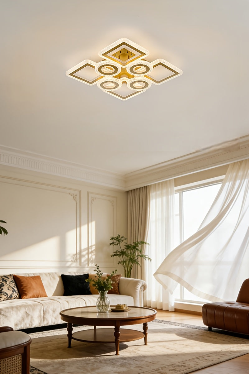 Plafonnier LED géométrique 75 cm, anneaux et carrés, trois teintes