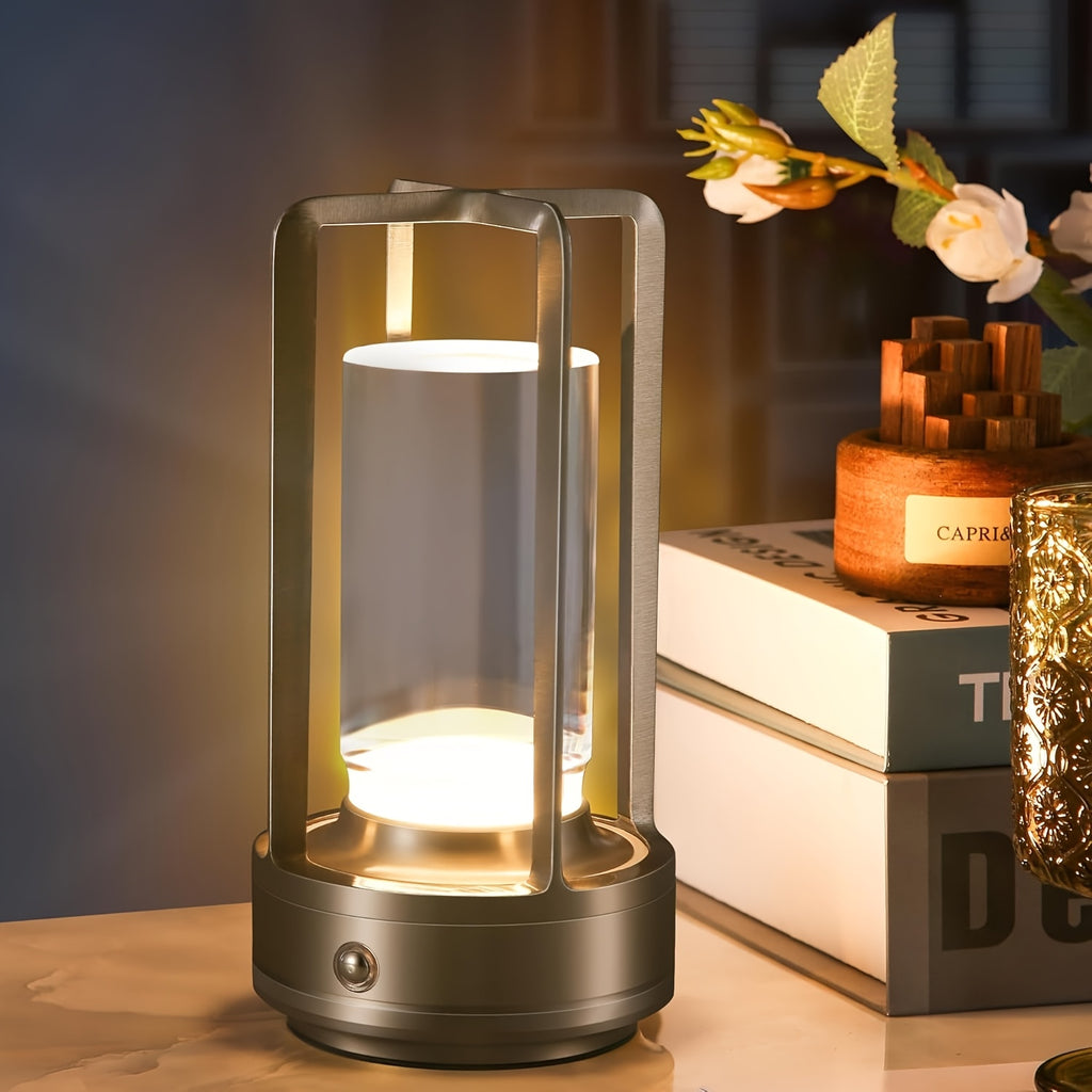 Lampe lanterne sans fil rétro, cylindre transparent et cadre métal