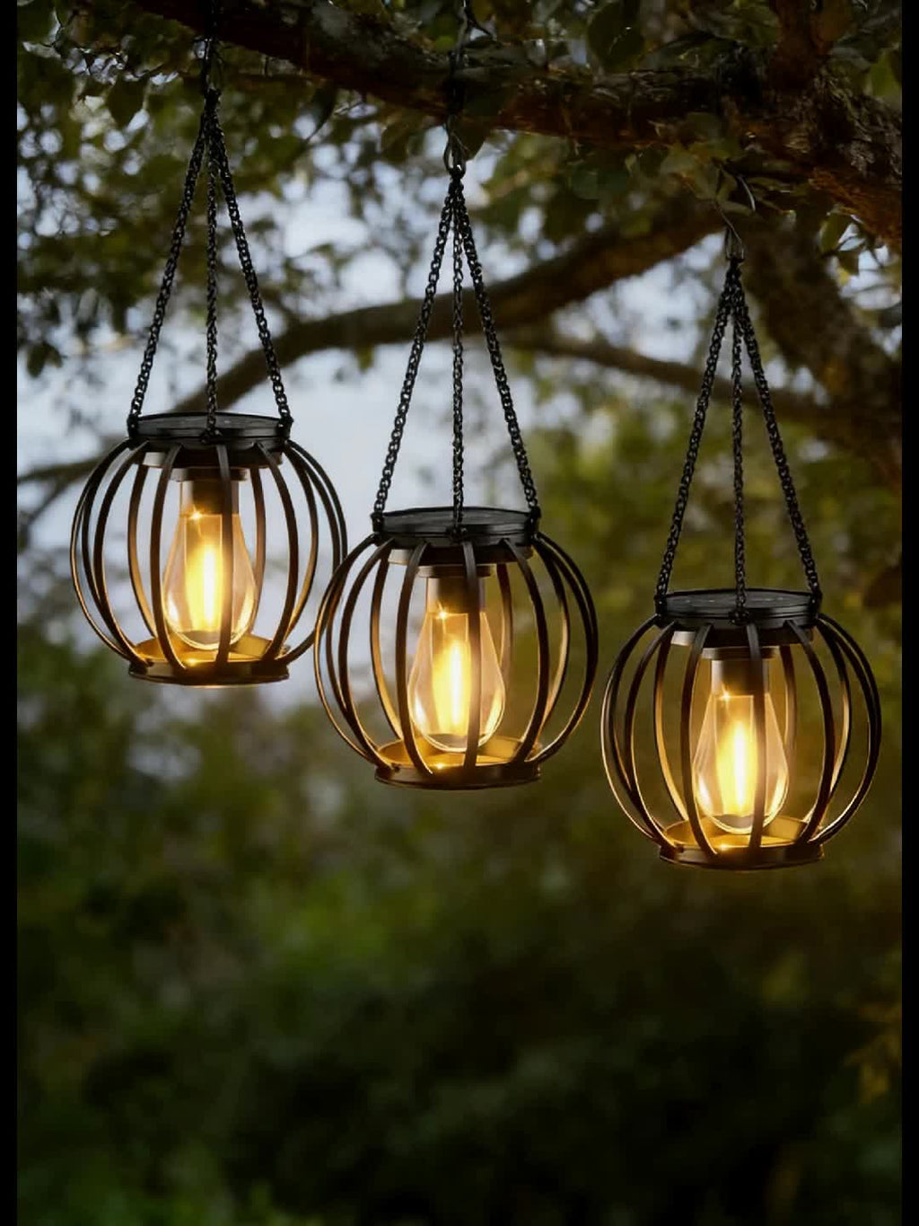 Suspension solaire cage noire à ampoule filament, lot de 2