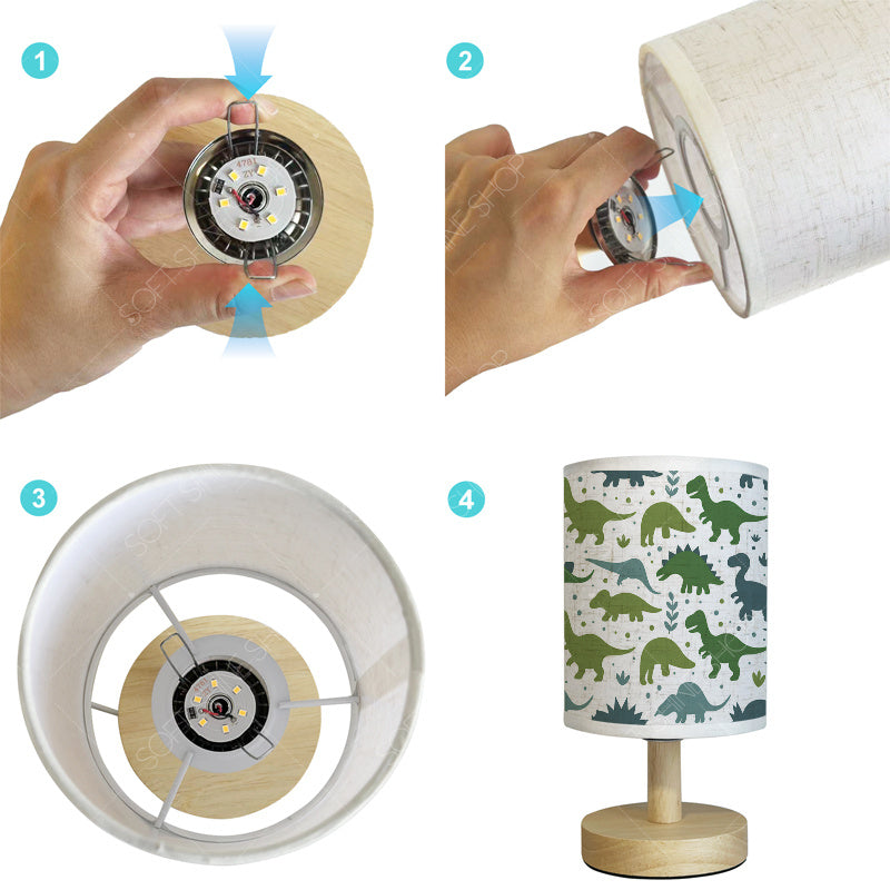 Lampe de chevet enfant à dinosaures verts, abat-jour lin, USB