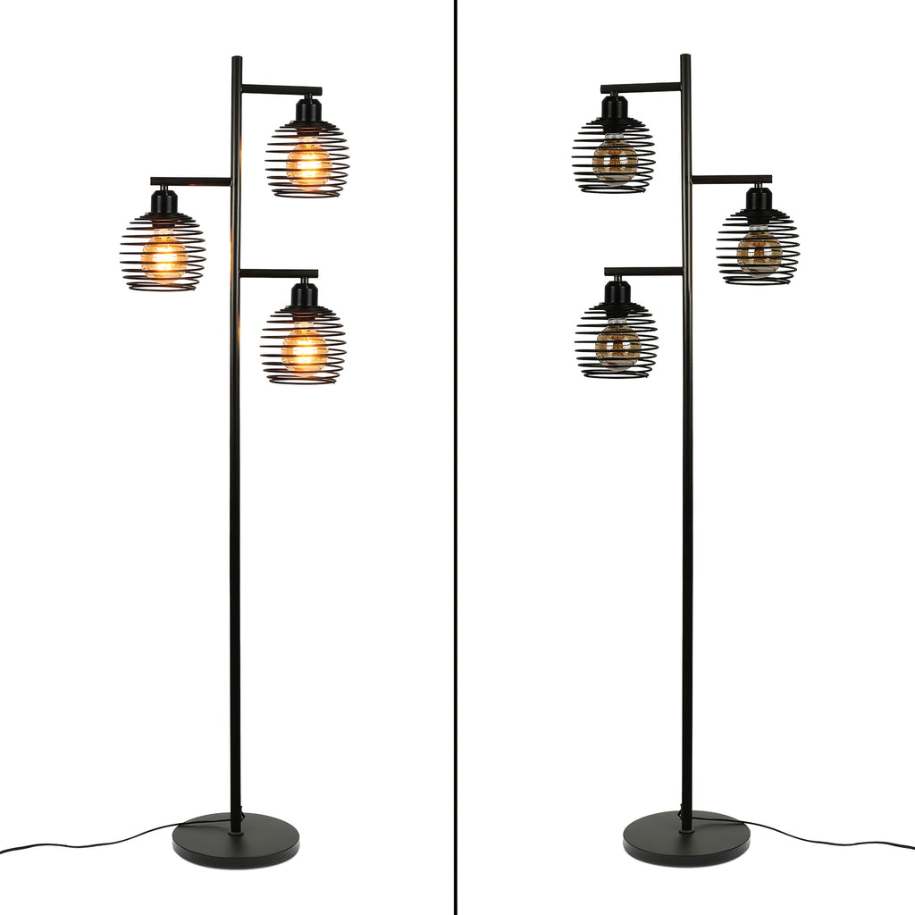 Lampadaire noir à trois cages spirale en métal, 3 lumières E27