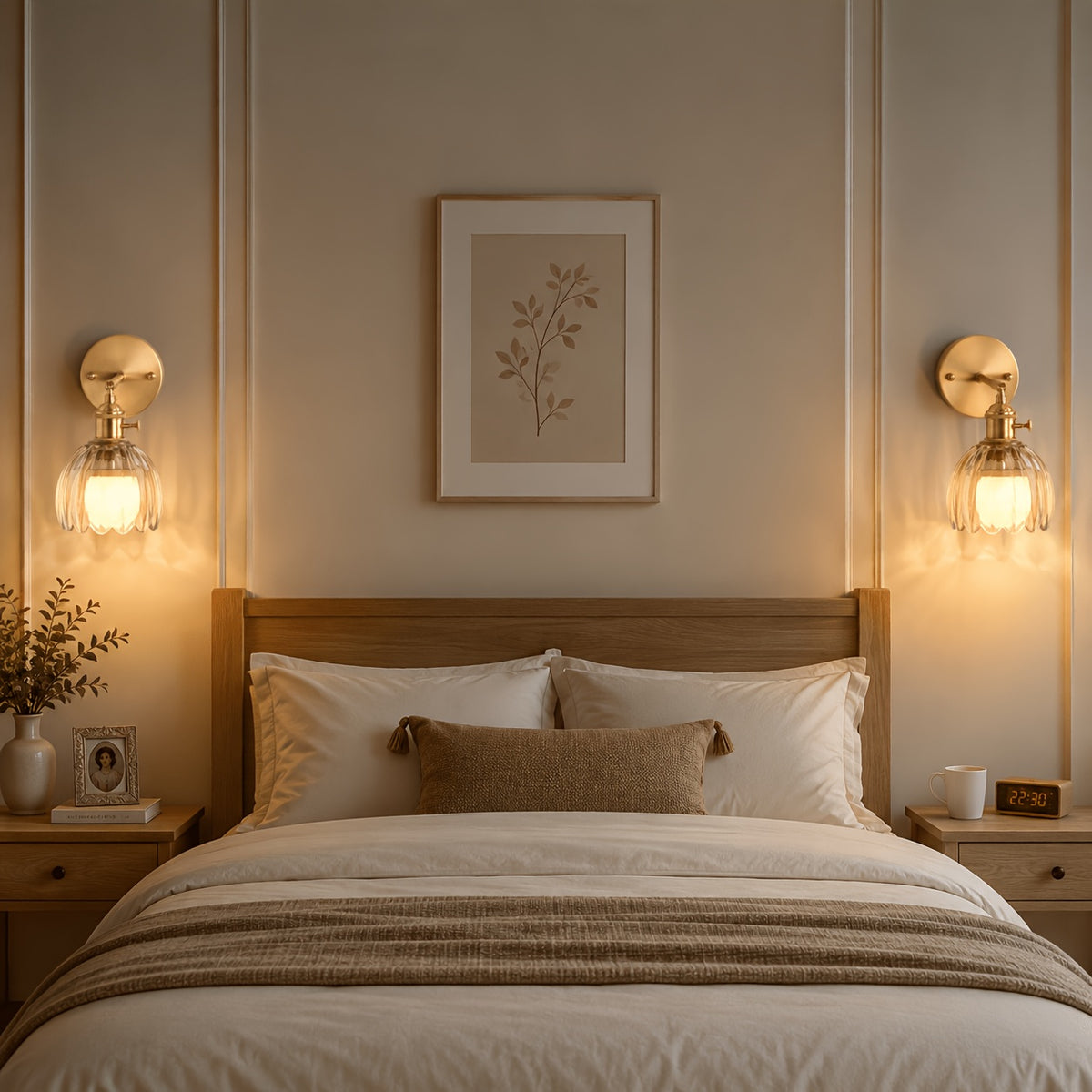 Applique murale sans fil, tulipe en verre côtelé et col doré