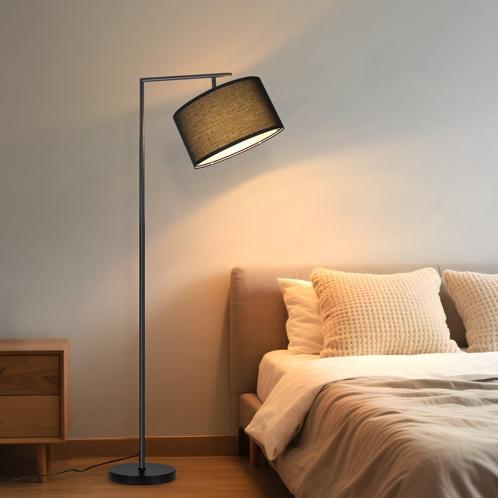 Lampadaire liseuse noir à potence et abat-jour tambour, 166 cm
