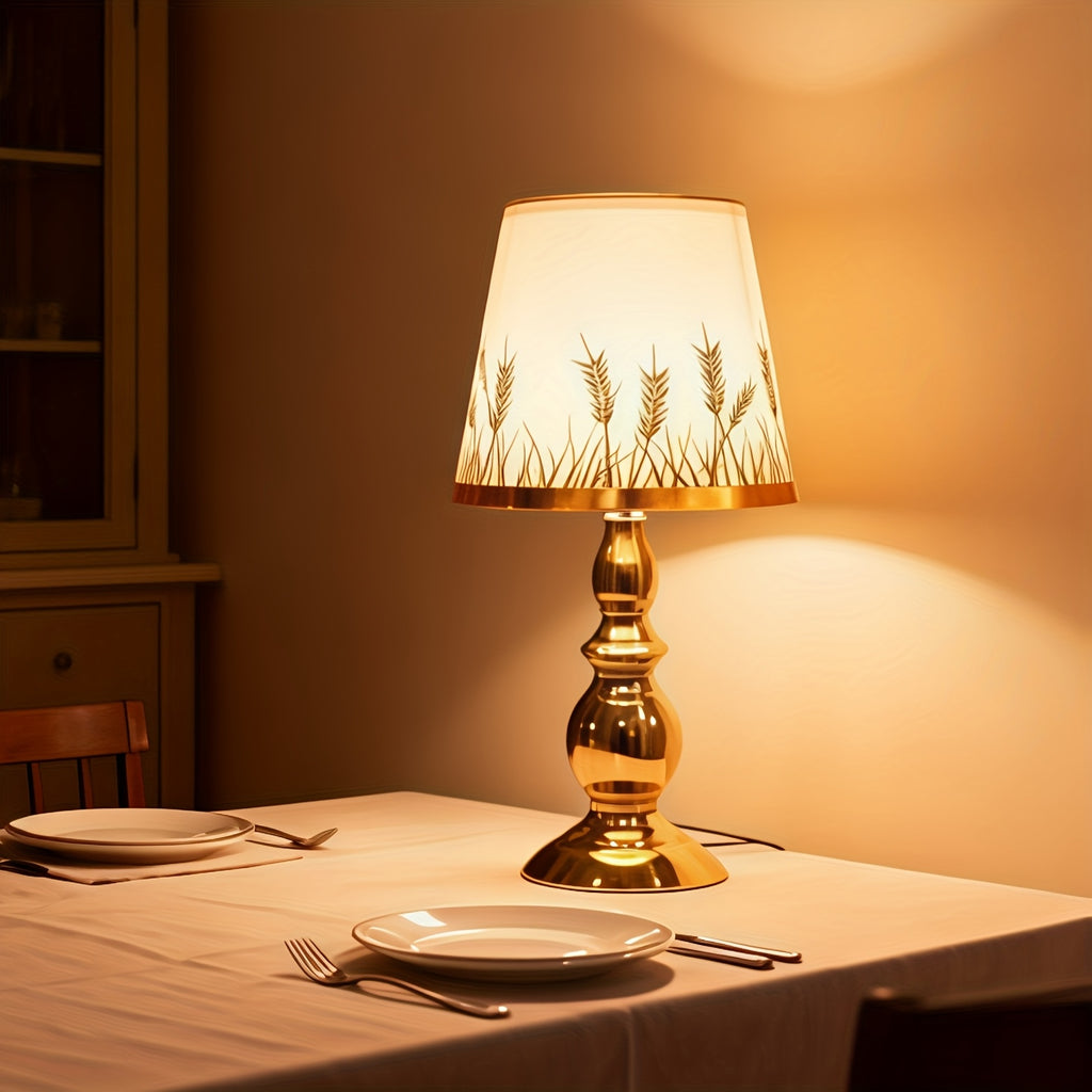 Lampe de chevet abat-jour épis de blé, pied balustre poli et LED