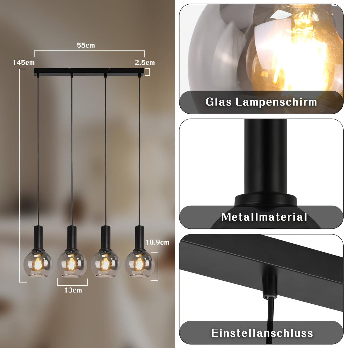 Suspension 3 globes en verre fumé sur barre noire, style vintage
