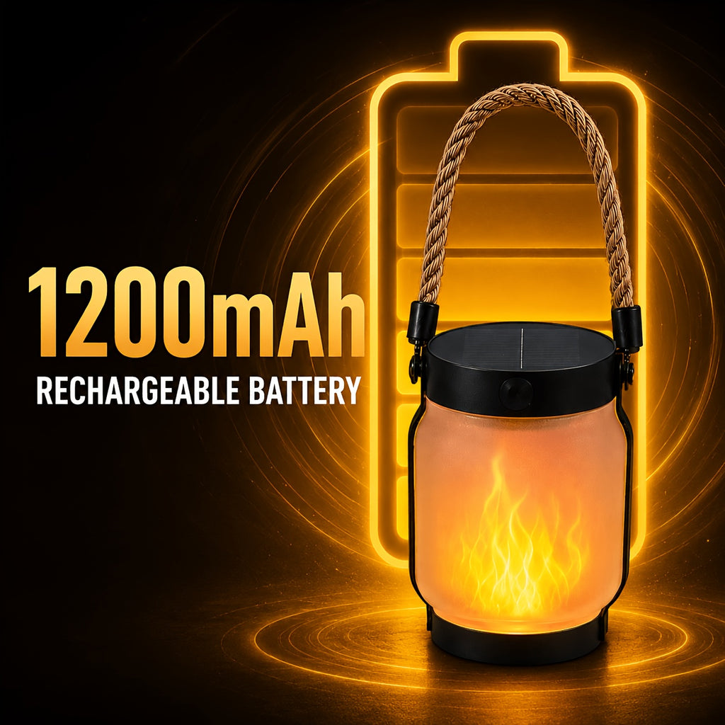 Lanterne solaire à flamme rechargeable en USB-C, anse en corde
