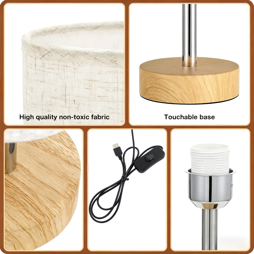 Lampe de chevet tactile cylindre en tissu, socle aspect bois clair