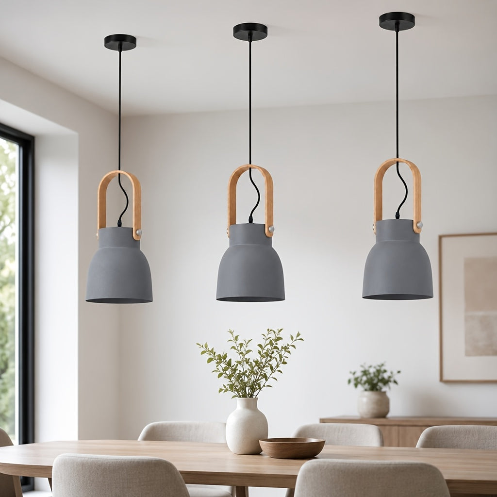 Suspension cloche vert sauge, gris ou rose, anse effet bois